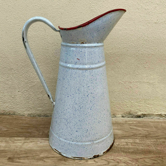 Vintage French Enamel pitcher jug water enameled white red 08112010 - Fleamarketfrance