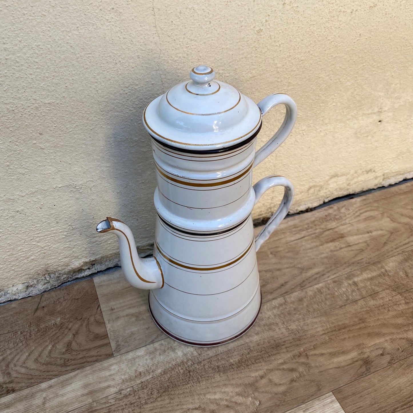 French Enamelware Drip Coffee Pot White Gold Stripes Vintage 04072619 Fleamarketfrance