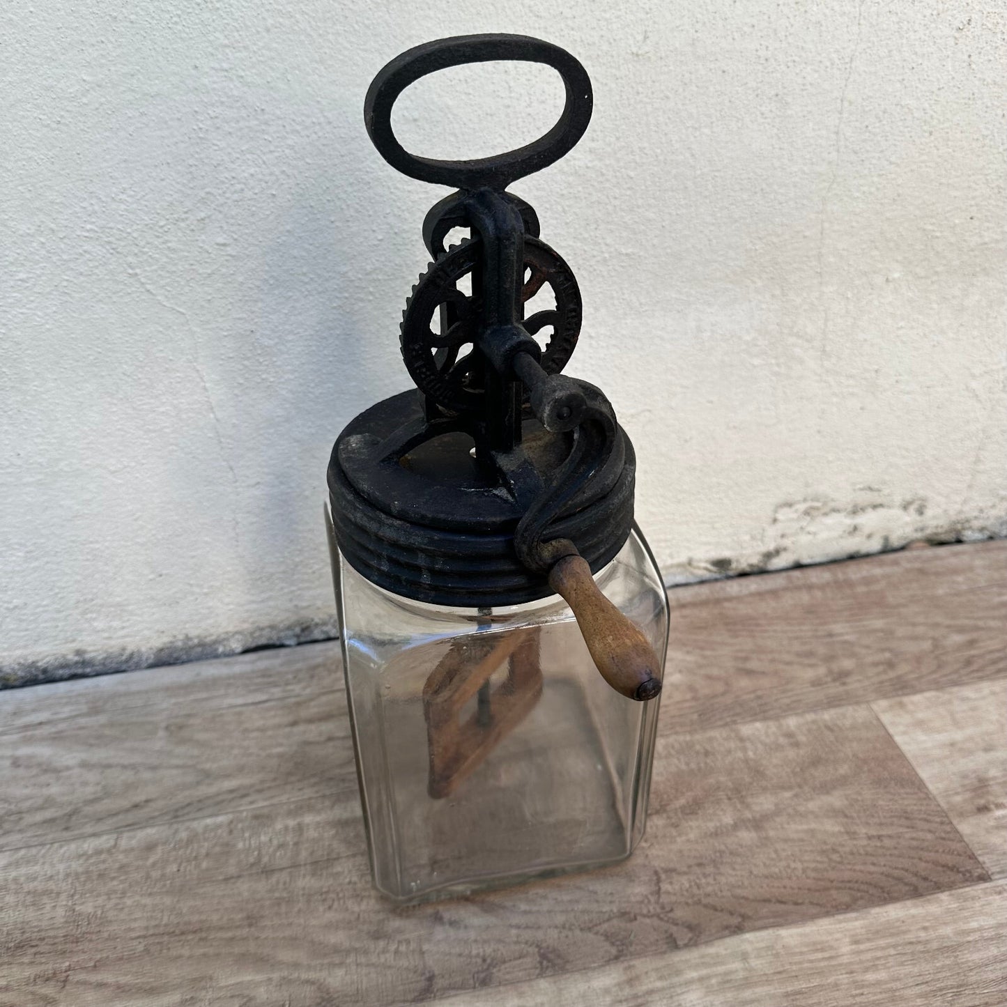 Vintage French Butter Churn Glass Jar Cast Iron Wood Paddle 1930s 2508241 Fleamarketfrance