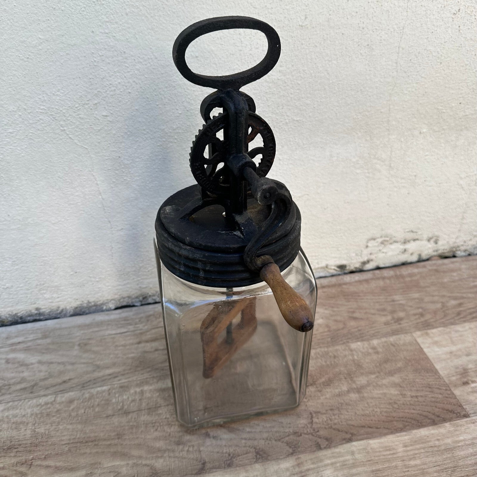 Vintage French Butter Churn Glass Jar Cast Iron Wood Paddle 1930s 2508241 Fleamarketfrance