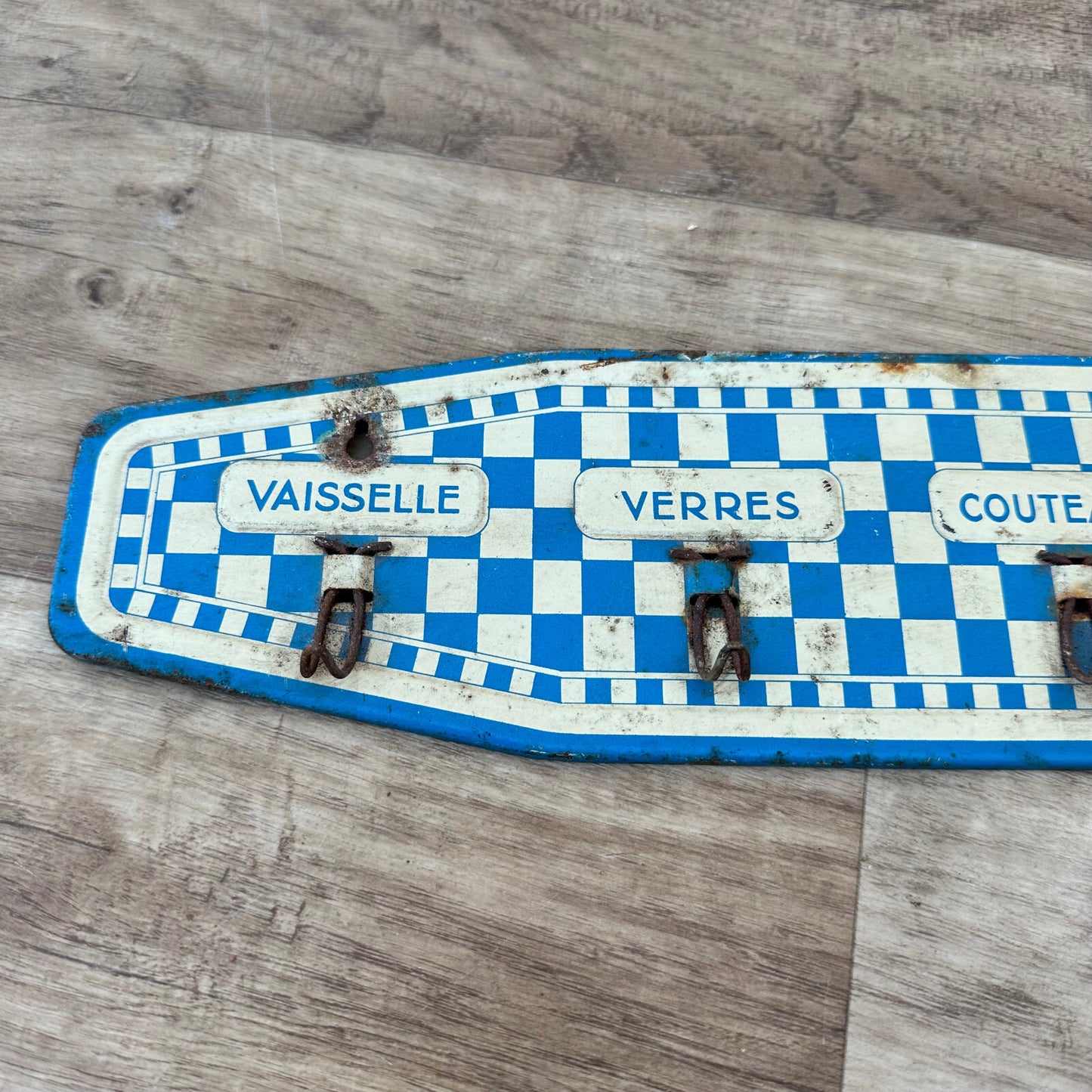 French Kitchen Towel Rack Blue White Checkered Metal Hooks Vintage 1206236 Unbranded