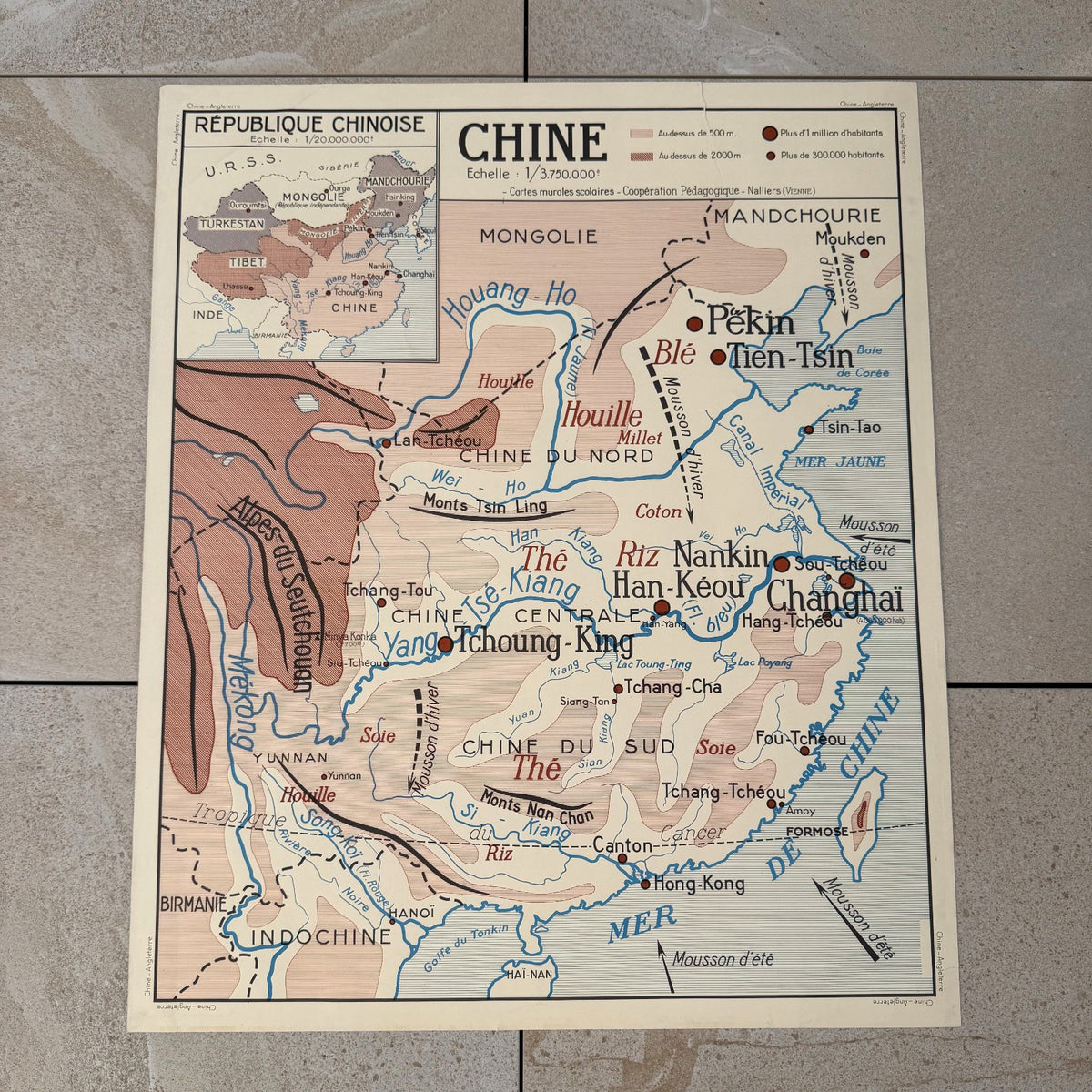 Vintage French School Wall Map China British Isles Double-Sided 20082624 Fleamarketfrance