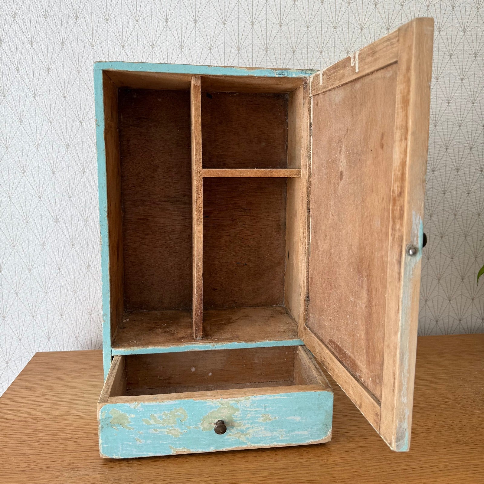 Vintage French Wall Wooden Blue Shelf Medecine Cabinet Farm Patina 0407257 Unbranded