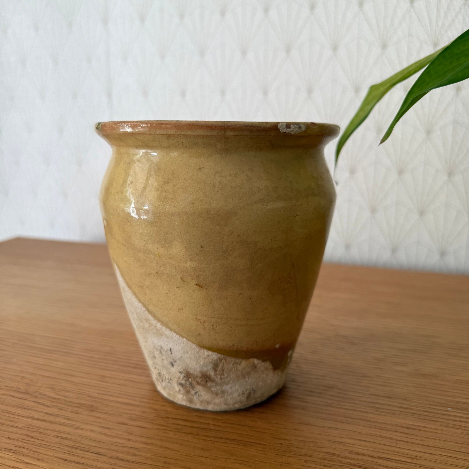 HANDMADE GLAZED YELLOW ANTIQUE FRENCH MUSTARD POT 6 1/2" TERRACOTTA 04072513 Unmarked