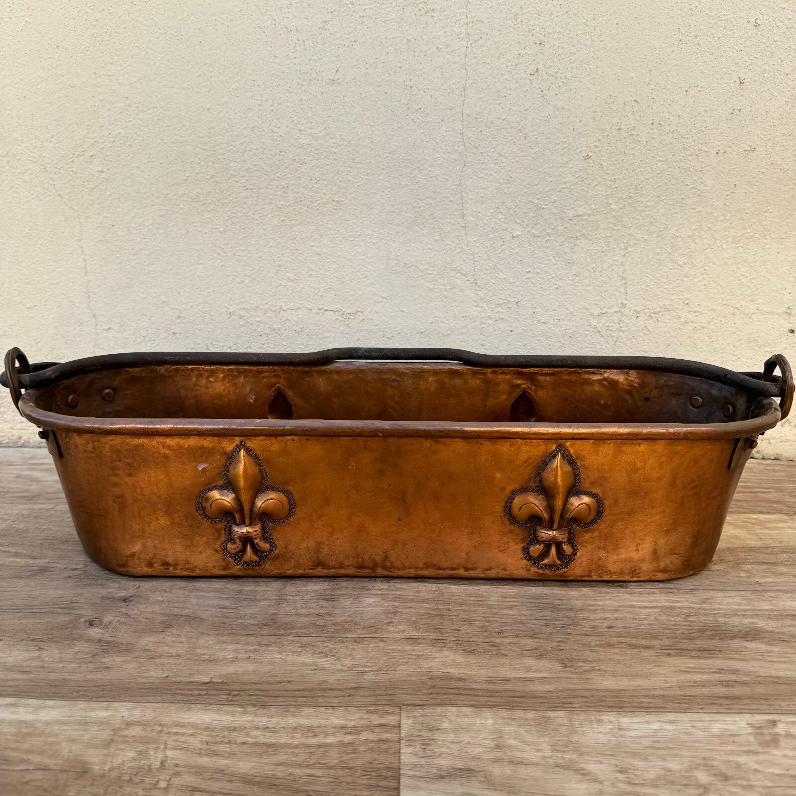 French Copper Fish Kettle Fleur de Lis Antique Poacher Planter 1404241 Villedieu
