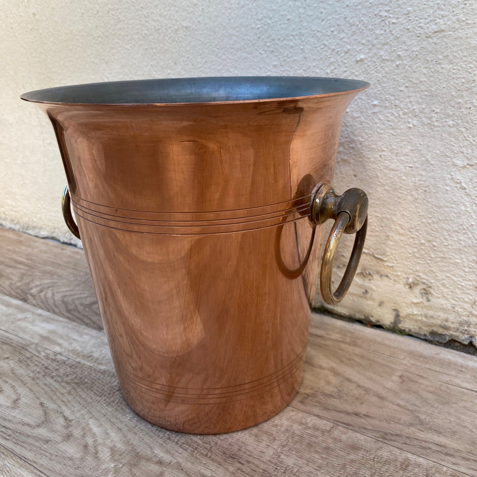 French Vintage Copper Champagne Ice Bucket Brass Rings Metaux Ouvres 04072615 Rothschild