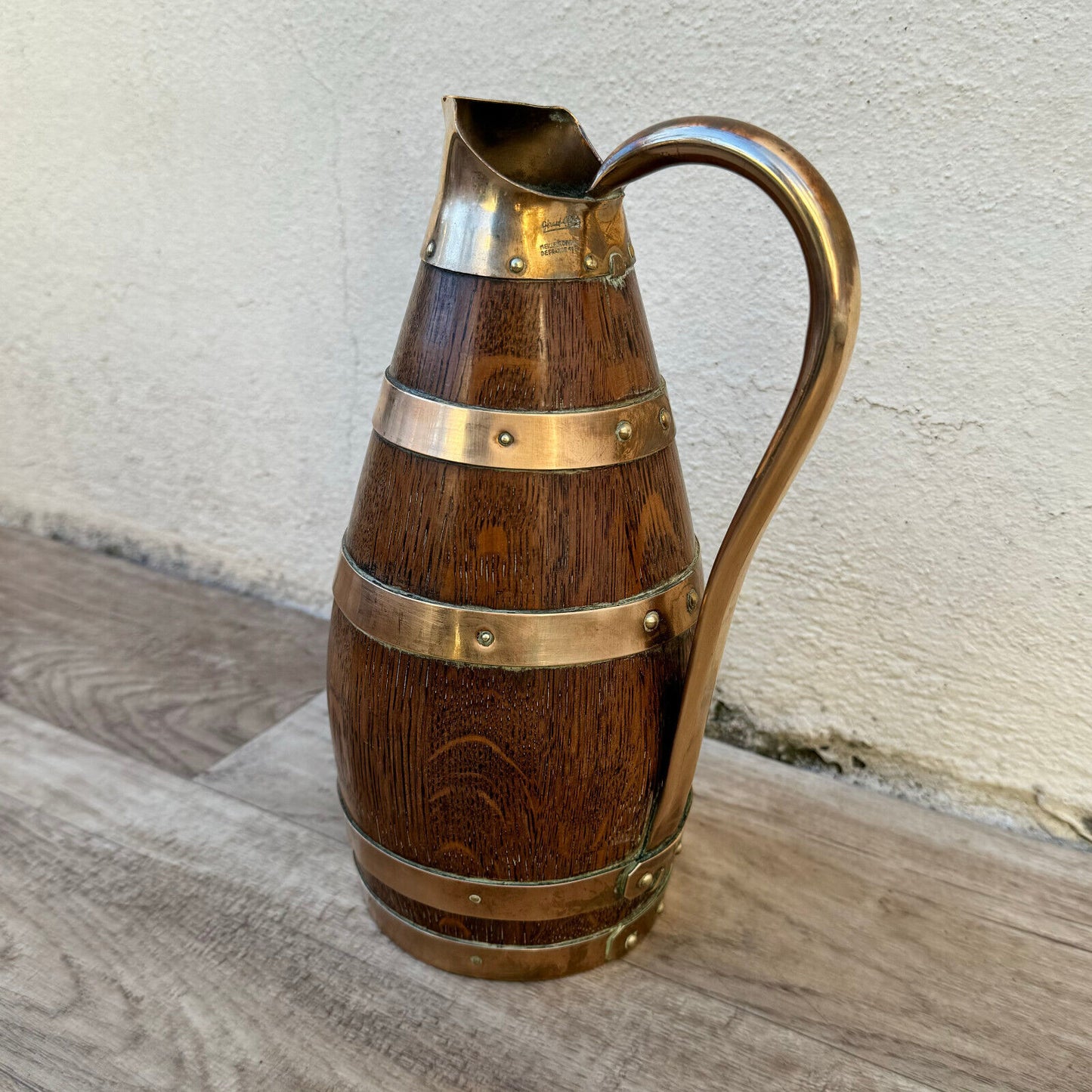 Vintage French Wooden Wine Cider Jug Pitcher Staved Wood Metal 9 1/2" 0405246 - Fleamarketfrance