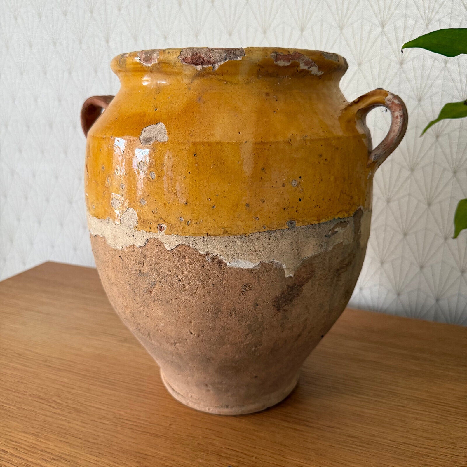 RARE BIG HANDMADE GLAZED YELLOW ANTIQUE FRENCH CONFIT POT TERRACOTTA 2302257 - Fleamarketfrance