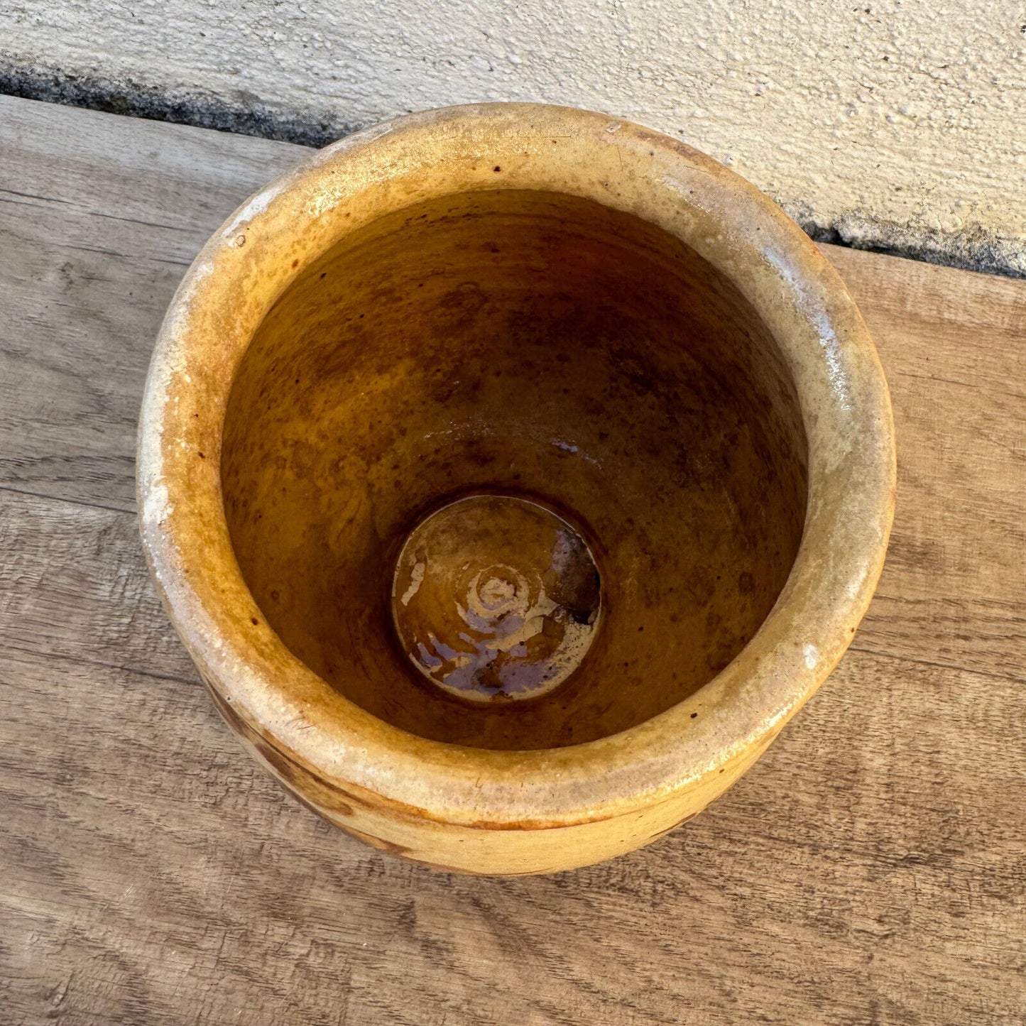 HANDMADE GLAZED BROWN YELLOW ANTIQUE FRENCH HONEY POT TERRACOTTA 1202256 - Fleamarketfrance