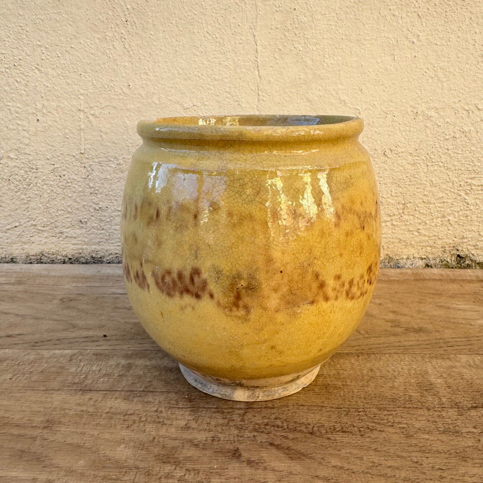 HANDMADE GLAZED BROWN YELLOW ANTIQUE FRENCH HONEY POT TERRACOTTA 1202255 - Fleamarketfrance