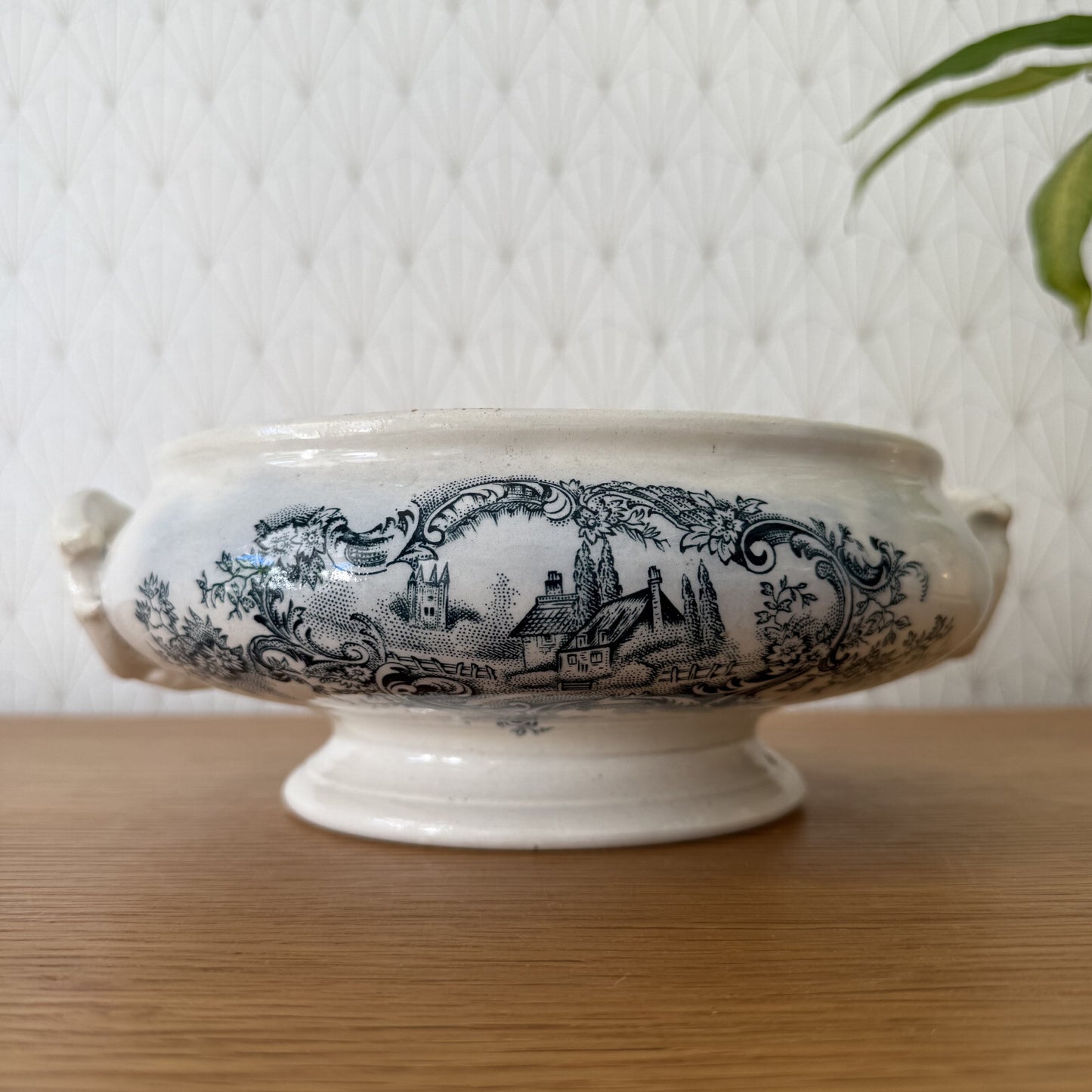 French Tureen Earthenware White Blue Fruits Bowl Terre De Fer Brigny 0405254