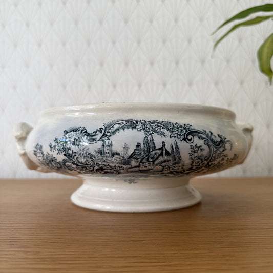 French Tureen Earthenware White Blue Fruits Bowl Terre De Fer Brigny 0405254