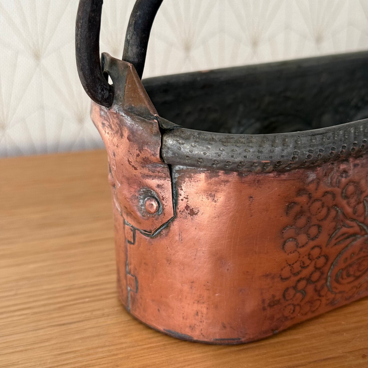 French Copper Fish Kettle Poacher Victorian Embossed Fleur de Lys 19042514 Fleamarketfrance