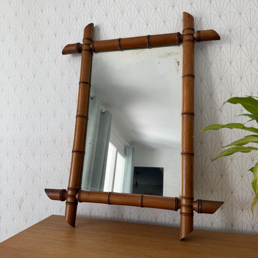 Vintage French Faux Bamboo Wall Mirror Wood Frame 19" x 25" 25052611 Fleamarketfrance