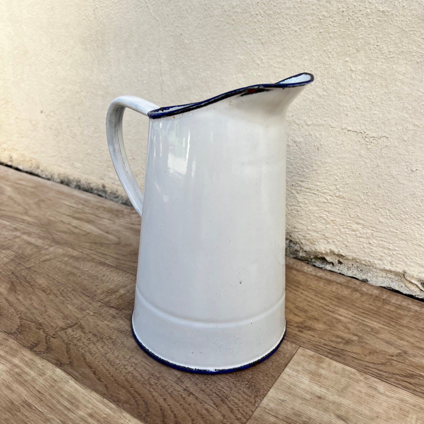 French Enamelware Pitcher White Blue Rim Vintage Water Jug 1709221 Fleamarketfrance