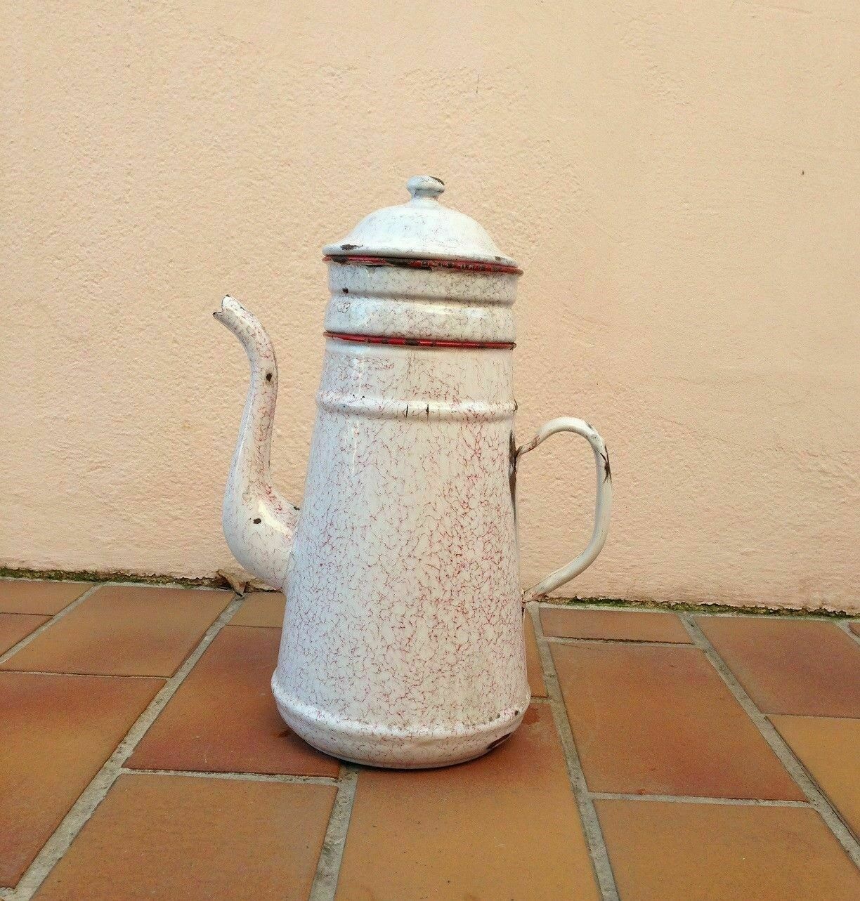 Vintage French Enamelware Coffee Pot Marbled White Red Trim 32cm Fleamarketfrance