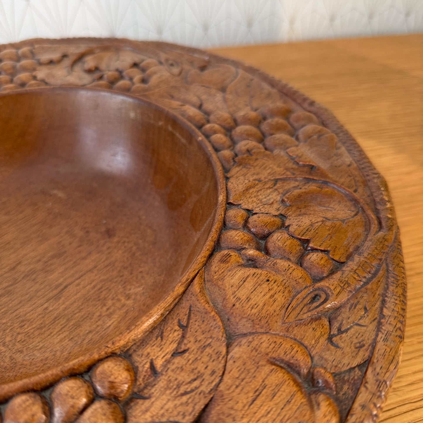 Vintage French Carved Wooden Fruit Bowl Grape Motif 13.6" 1006265 Vermillion Real Walnut