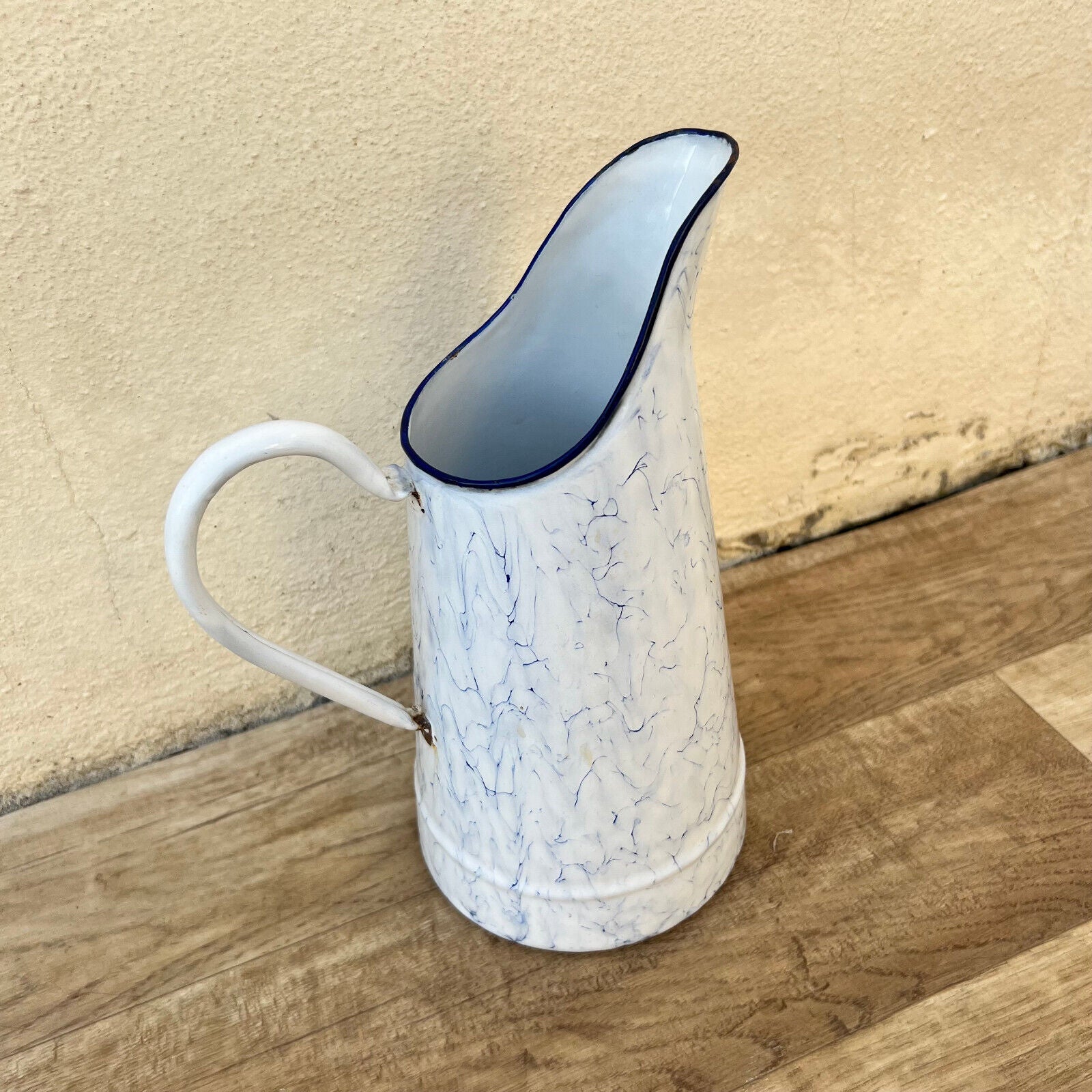 Vintage Enamel pitcher jug water marble blue white 2809227 - Fleamarketfrance