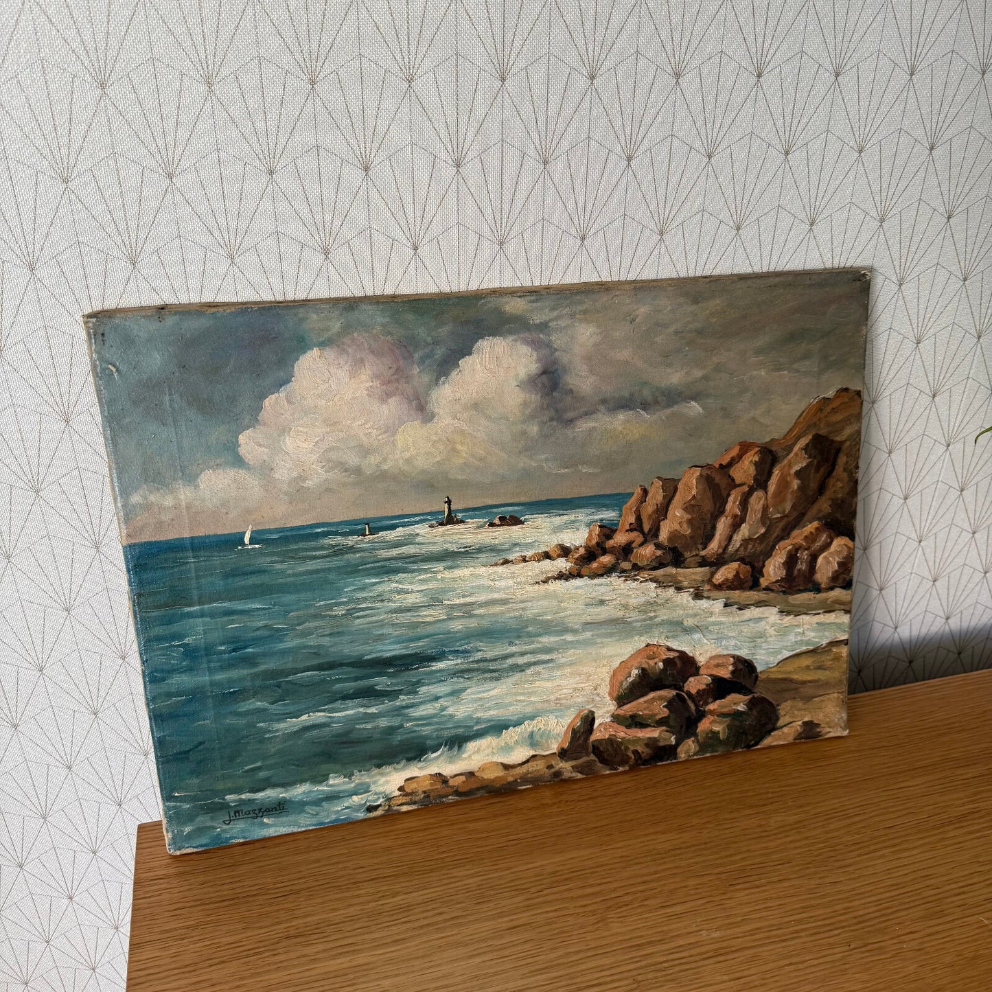 French Coastal Seascape Oil Painting Rocky Shore Lighthouse Vintage 1904256 Does Not Apply