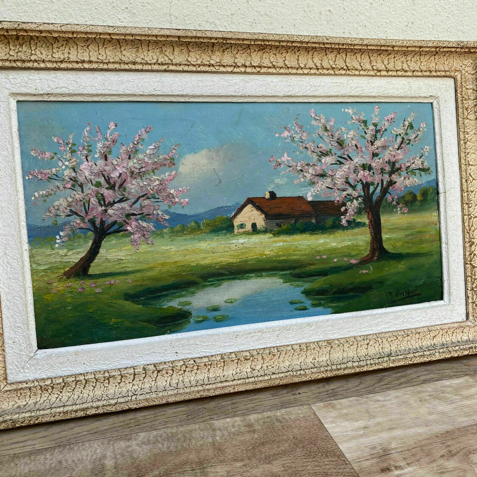 Vintage French Landscape Painting Signed Spring Cherry Blossoms 3001216 Fleamarketfrance