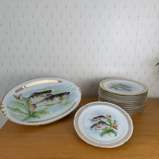 French Fish Plates Vintage Porcelain Set 12 Dinner Plates Serving Tray 2710254 Limoges