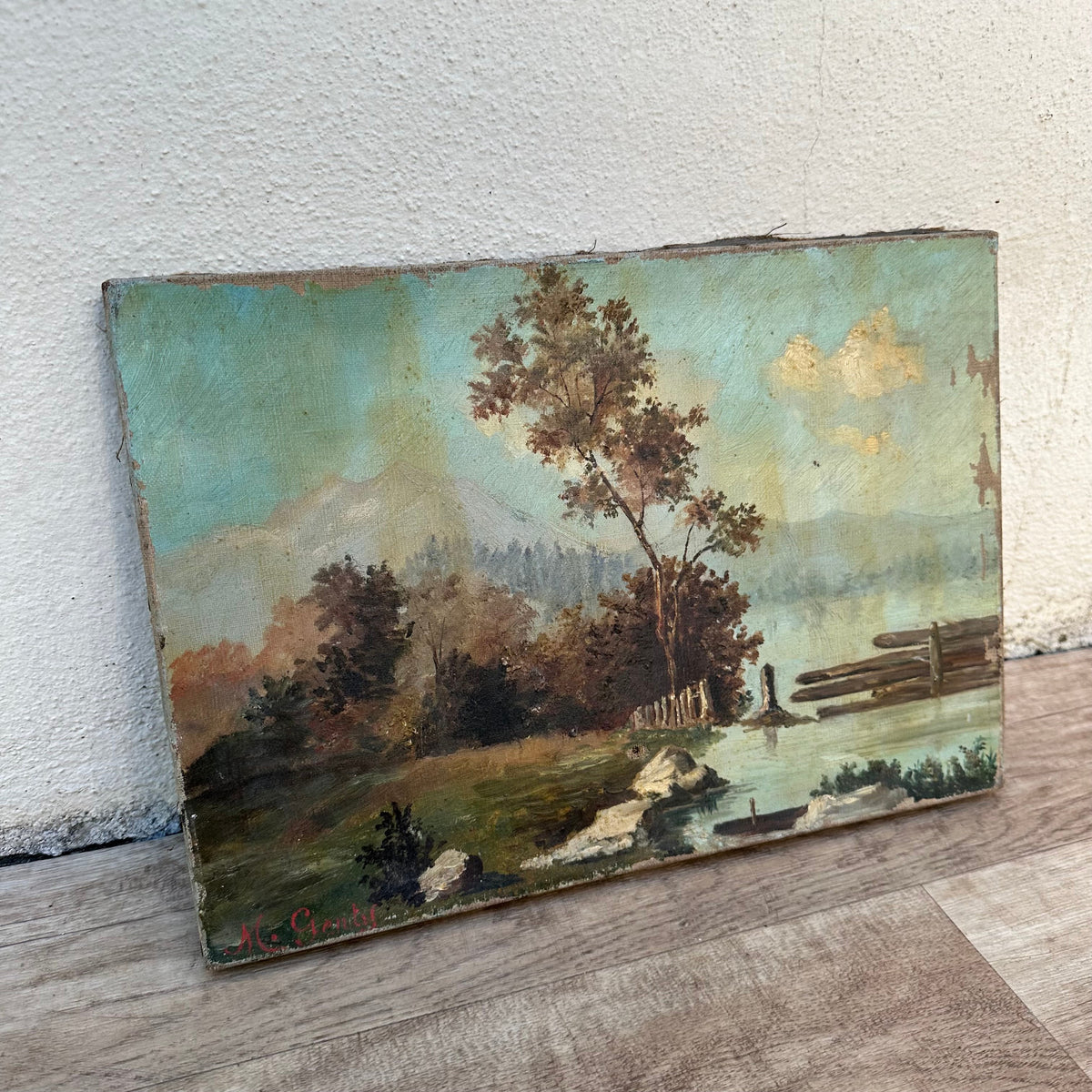 French Landscape Painting Oil Canvas Lake Mountain Signed c1950 24072315 Fleamarketfrance