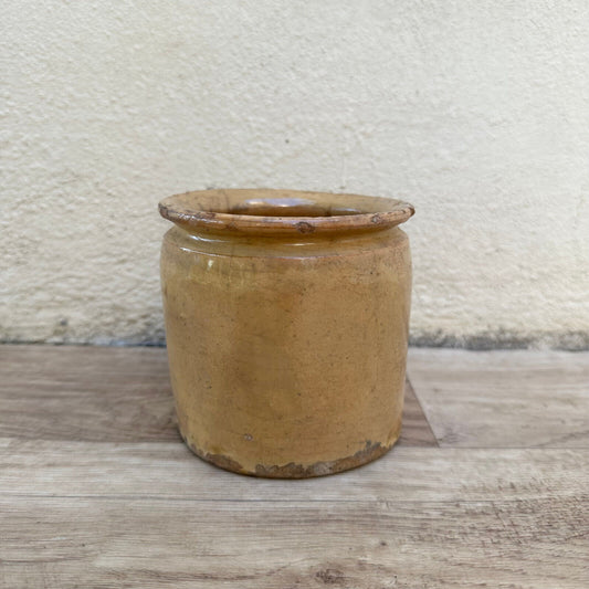 HANDMADE GLAZED BEIGE YELLOW ANTIQUE FRENCH JAM POT CONFIT 0503259 - Fleamarketfrance