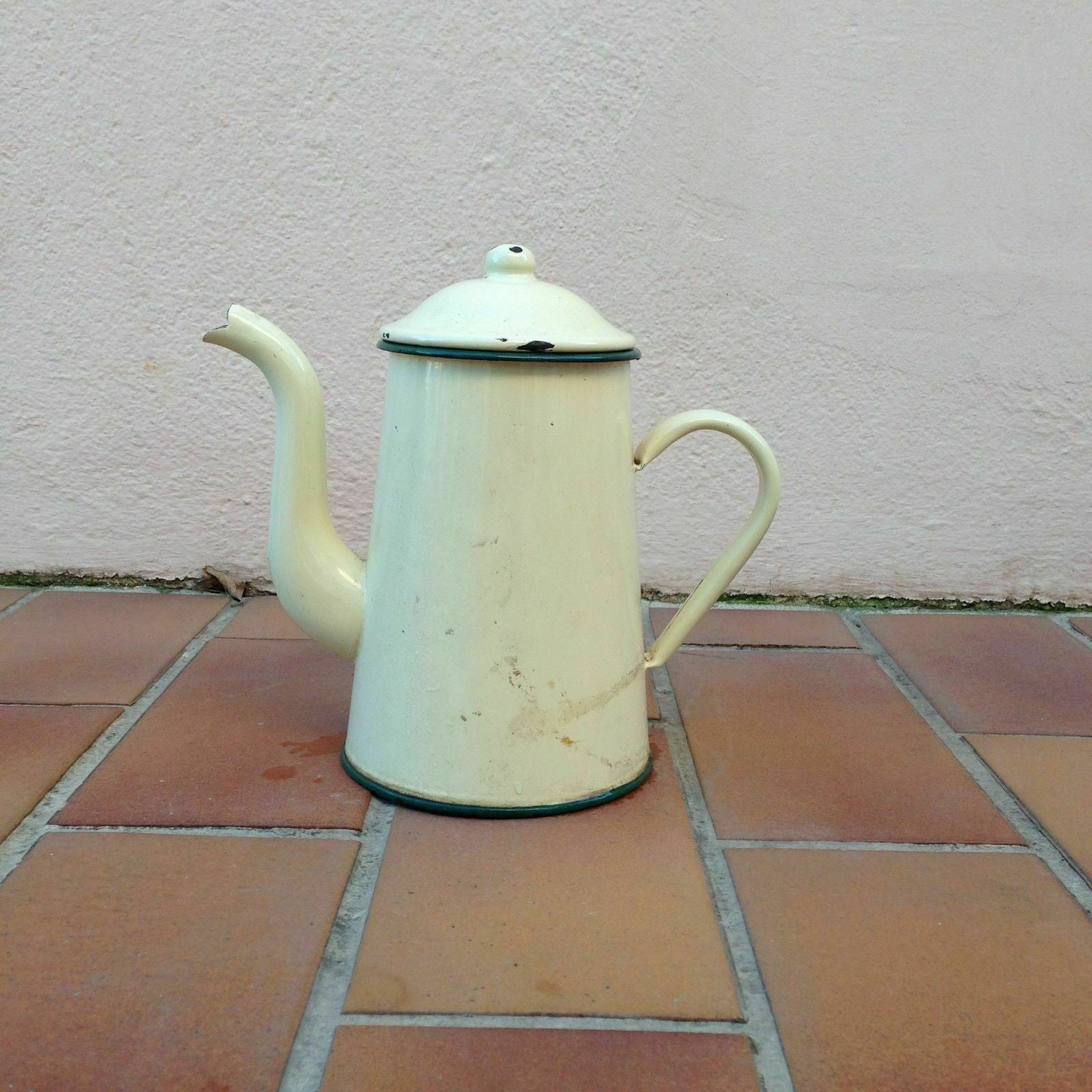 Vintage French Enamelware Coffee Pot Cream Green Farmhouse Kitchen 2 Fleamarketfrance