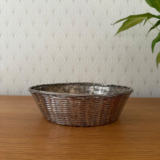 French Silverplated Bread Basket Vintage Woven Wire Metal Oval 2101267 Unbranded
