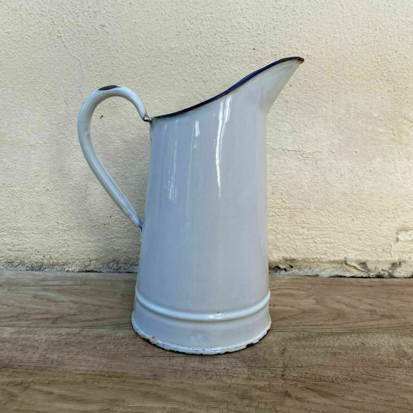 French Enamel Pitcher White Blue Rim Vintage Farmhouse Water Jug 31102111 Fleamarketfrance