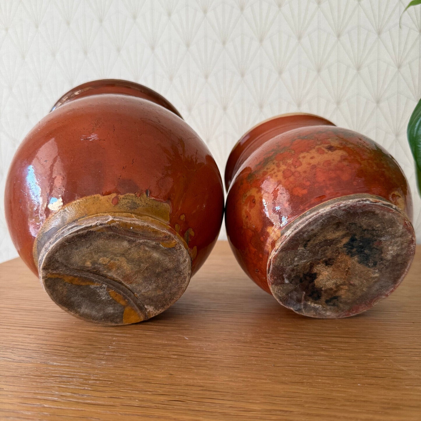 2 HANDMADE GLAZED RED YELLOW ANTIQUE 1850 FRENCH HONEY POTS TERRACOTTA 01122411 - Fleamarketfrance