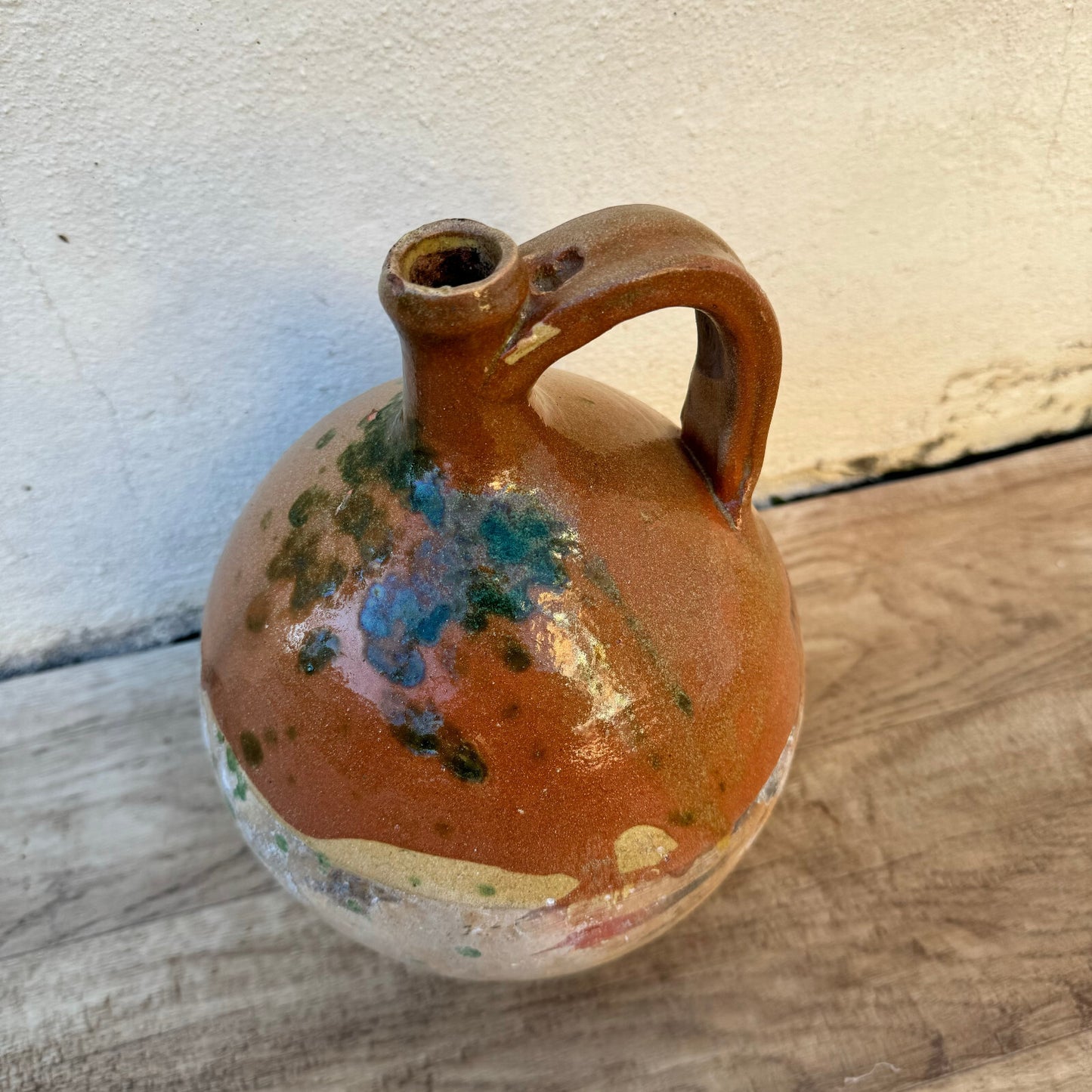 French Pottery Jug Vintage Terracotta Ceramic Pitcher Handle 24102310 Unmarked