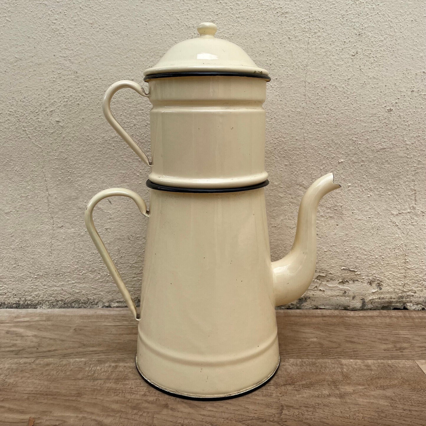 TALL Vintage French Enamelware Enameled Beige Enamel Coffee Pot 18032510