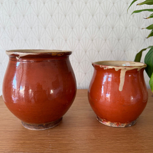 2 HANDMADE GLAZED RED YELLOW ANTIQUE 1850 FRENCH HONEY POTS TERRACOTTA 01122411 - Fleamarketfrance