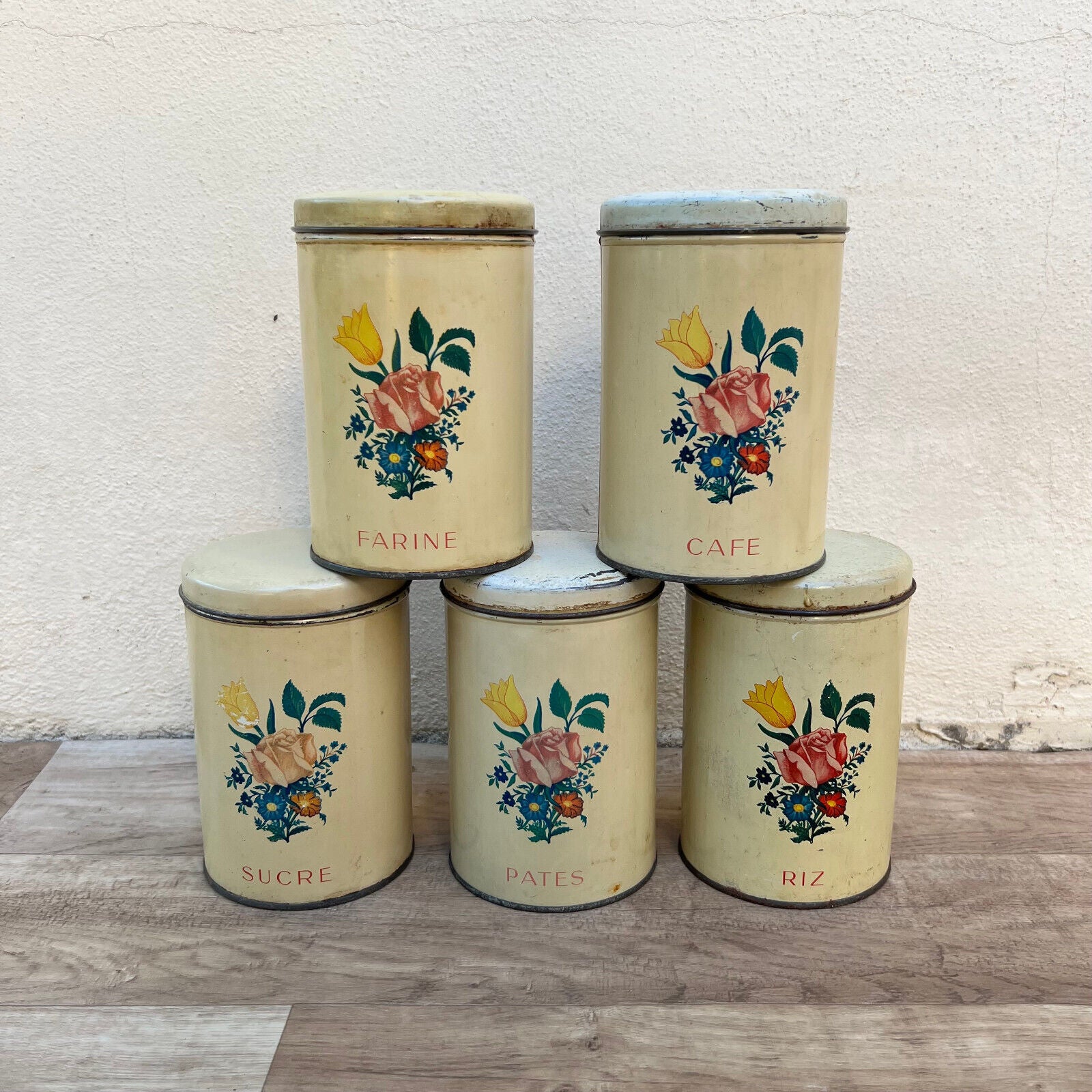 VINTAGE FRENCH METAL BOXS CANISTER SET  FLOUR SUGAR COFFEE RICE 2905241 - Fleamarketfrance