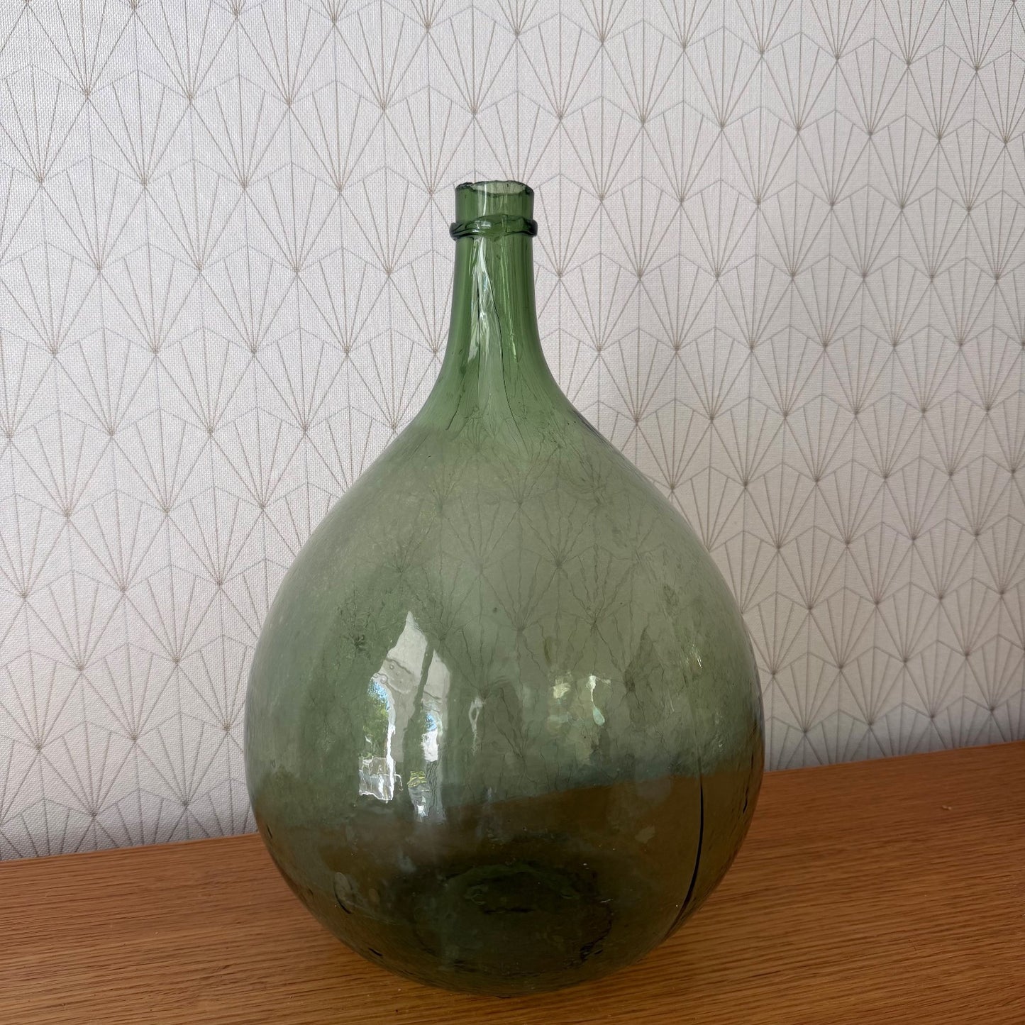 Antique French Dame Jeanne demijohn glass bonbonne, frontal angle