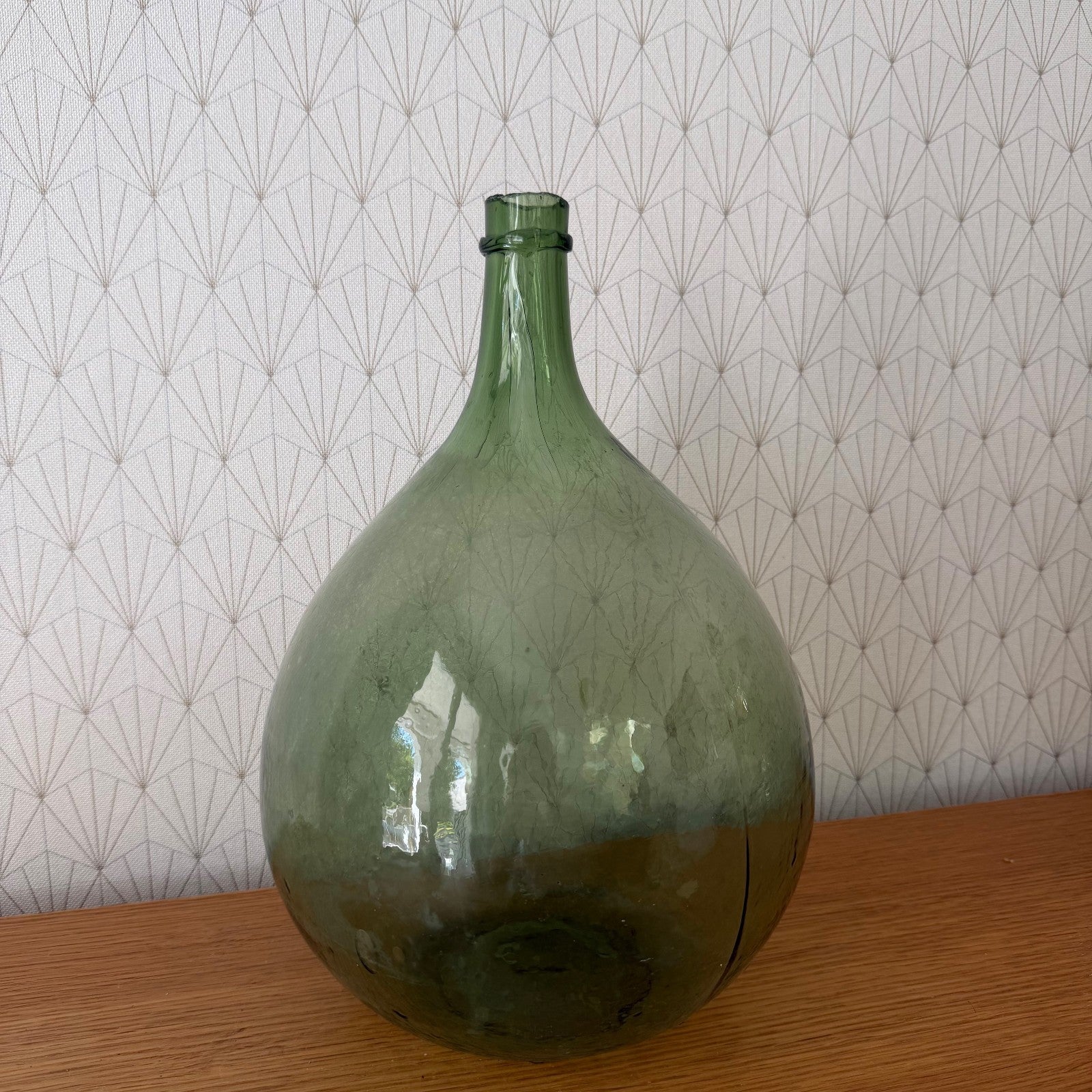 Antique French Dame Jeanne demijohn glass bonbonne, frontal angle