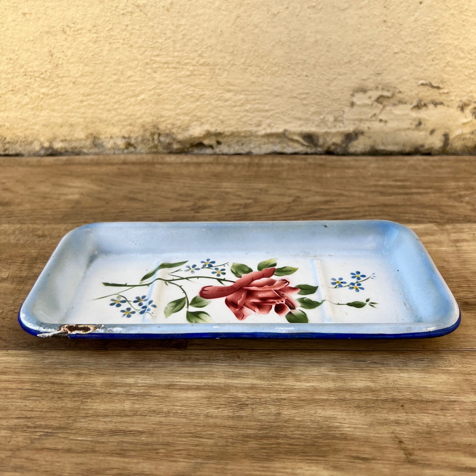 French Enamel Tray Rose Floral Blue White Serving Dish Vintage 20072228 Unmarked