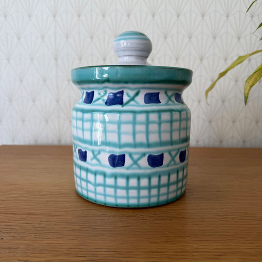 Robert Picault ceramic lidded jar with turquoise and navy geometric pattern, front view
