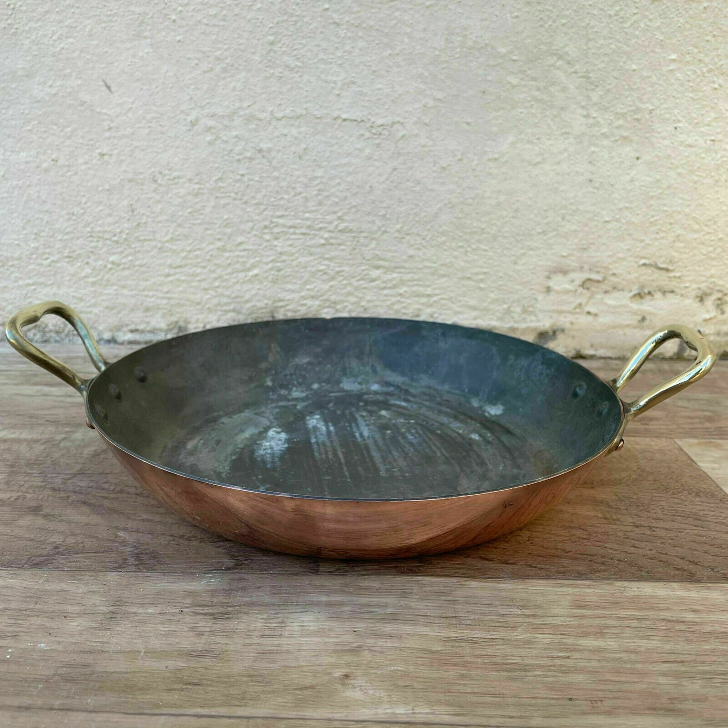 Vintage French round casserole/au Gratin pan lined copper 8 1/2" 04042121 - Fleamarketfrance