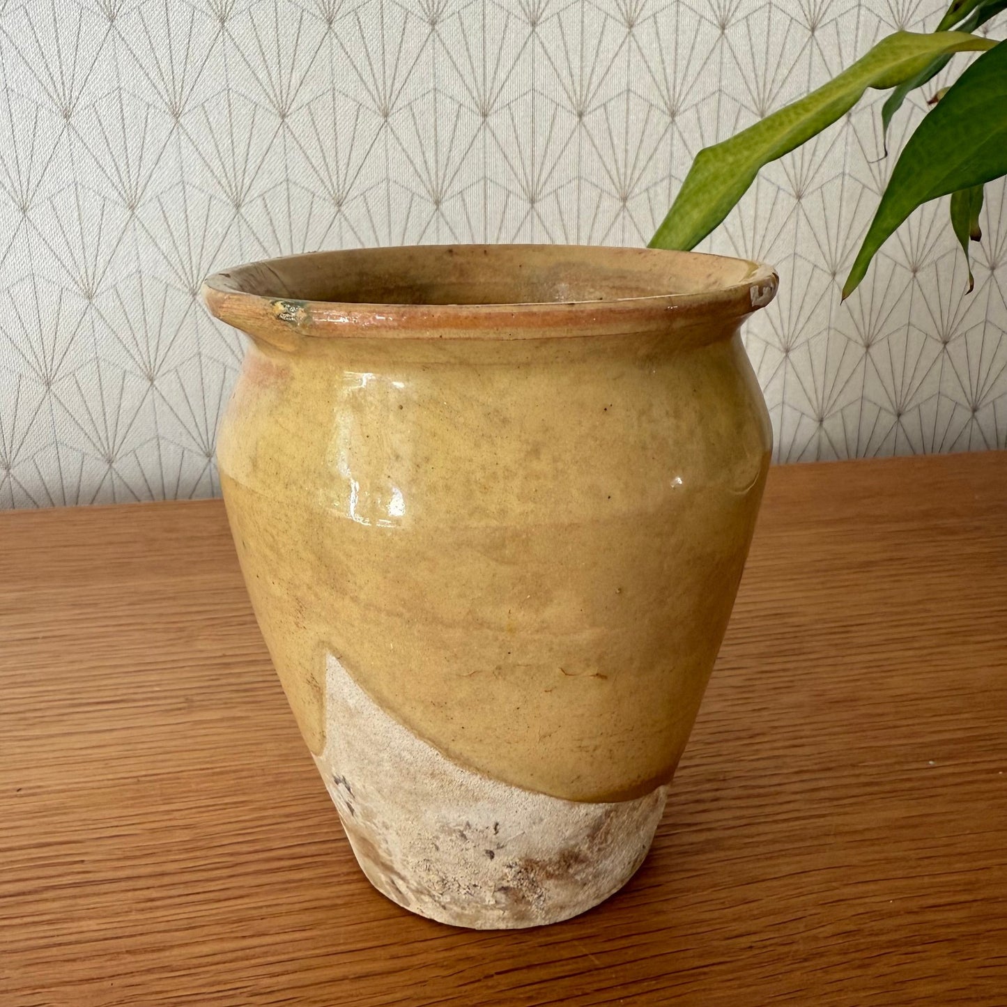 HANDMADE GLAZED YELLOW ANTIQUE FRENCH MUSTARD POT 6 1/2" TERRACOTTA 04072513 Unmarked