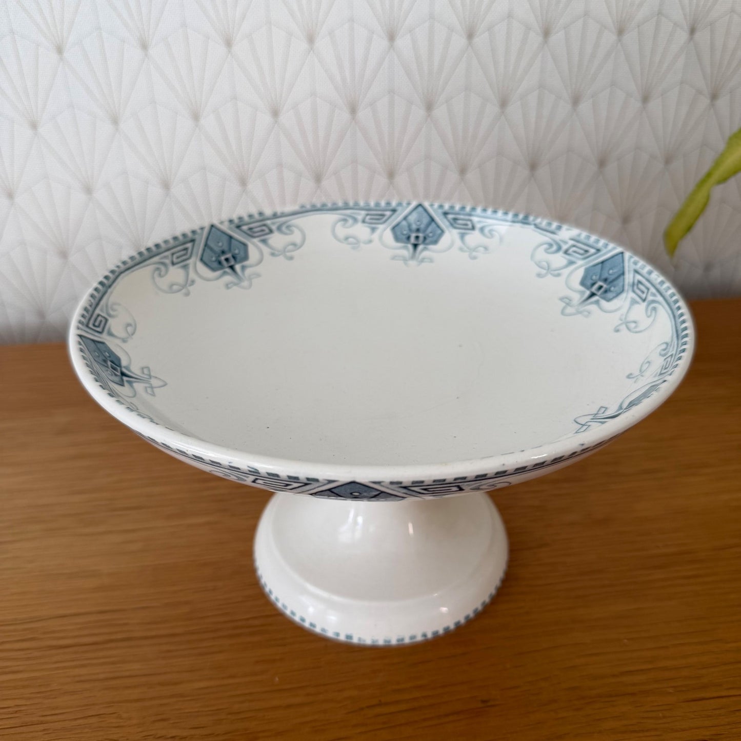 French Antique Sarreguemines Compote Pedestal Bowl Blue White 14072611 Fleamarketfrance