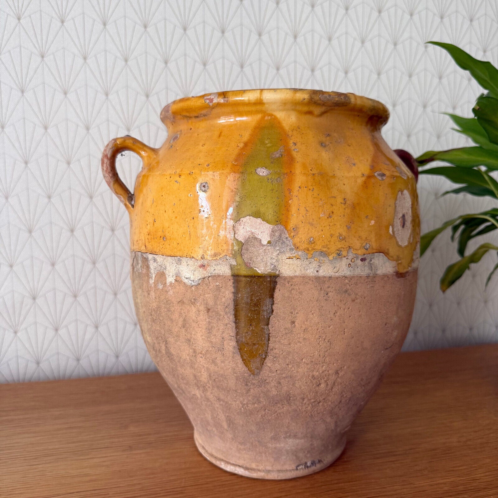 RARE BIG HANDMADE GLAZED YELLOW ANTIQUE FRENCH CONFIT POT TERRACOTTA 2302257 - Fleamarketfrance