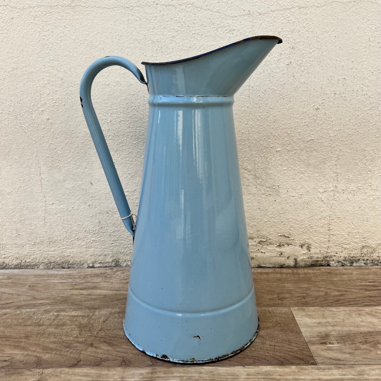 Vintage French Enamel pitcher jug water enameled blue grey 1512244 - Fleamarketfrance