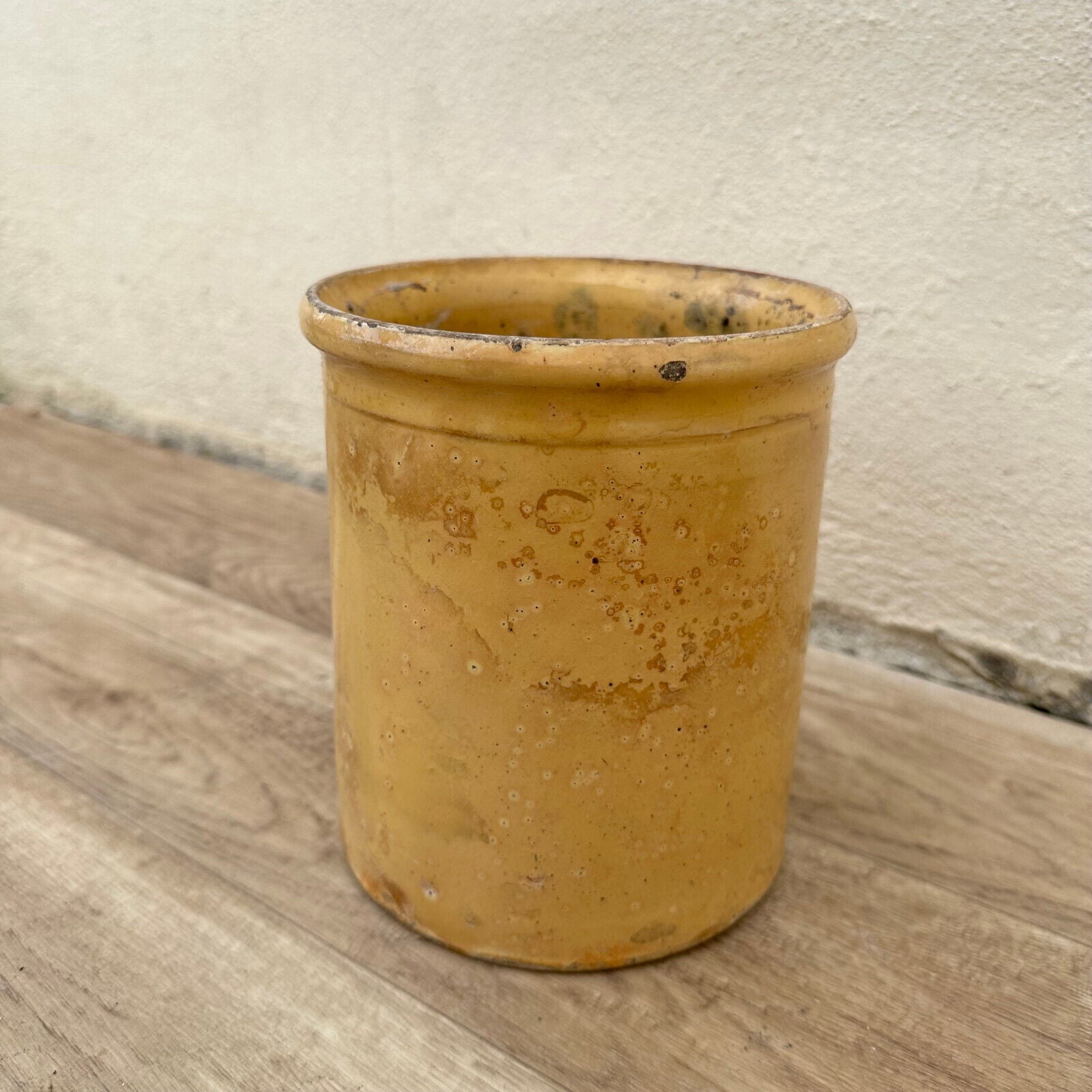 HANDMADE GLAZED YELLOW FRENCH CONFIT JAM POT SMALL TERRACOTTA  7 1/4" 1105234 - Fleamarketfrance