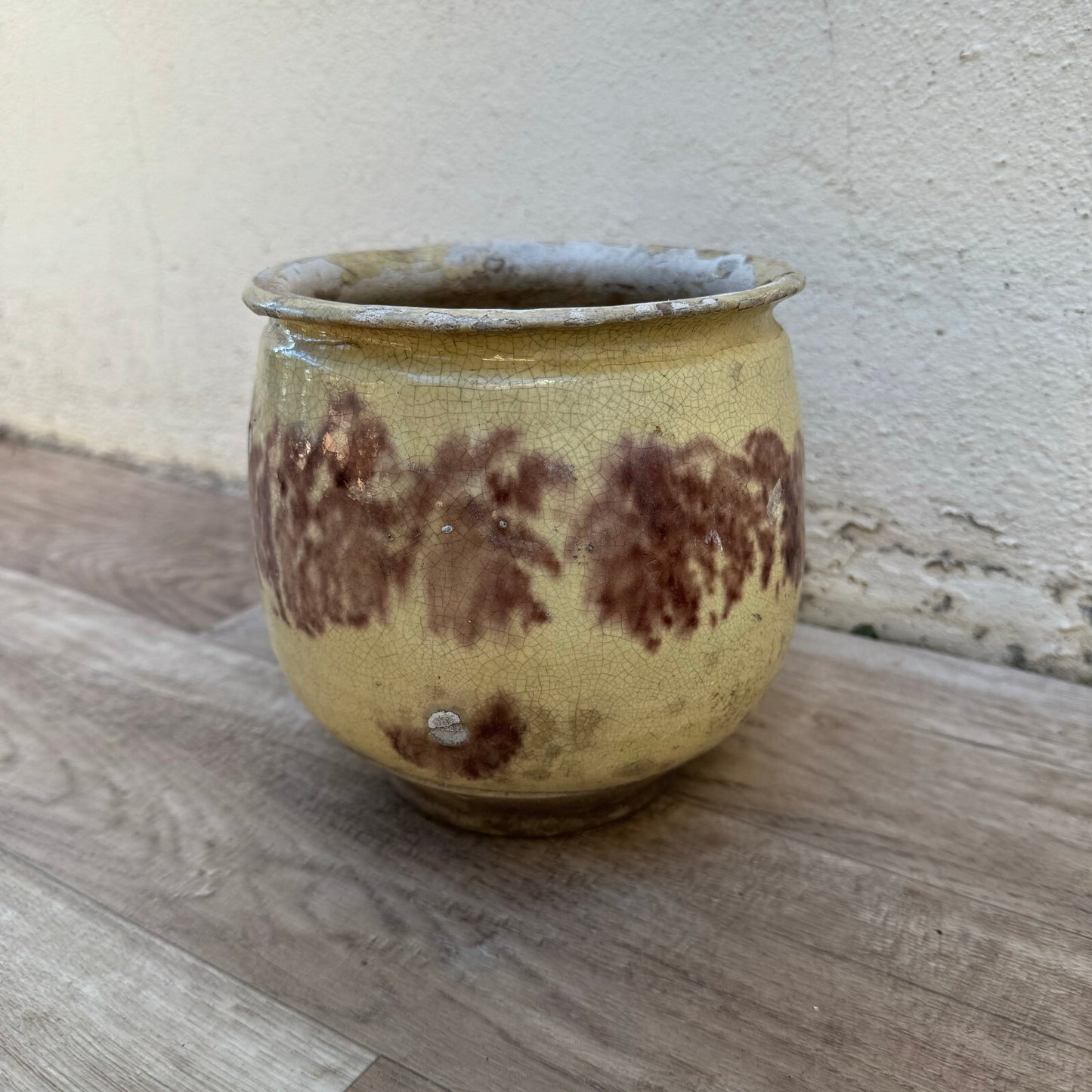 French Confit Pot Yellow Crackle Glaze Stoneware Ceramic Jar 23092411 Unmarked