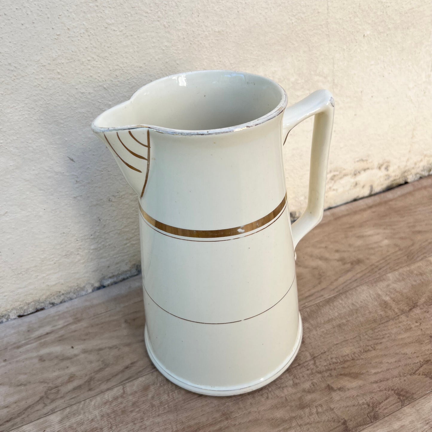 French Enamel Pitcher White Gold St Amand Hamage Water Jug 06102411 Fleamarketfrance