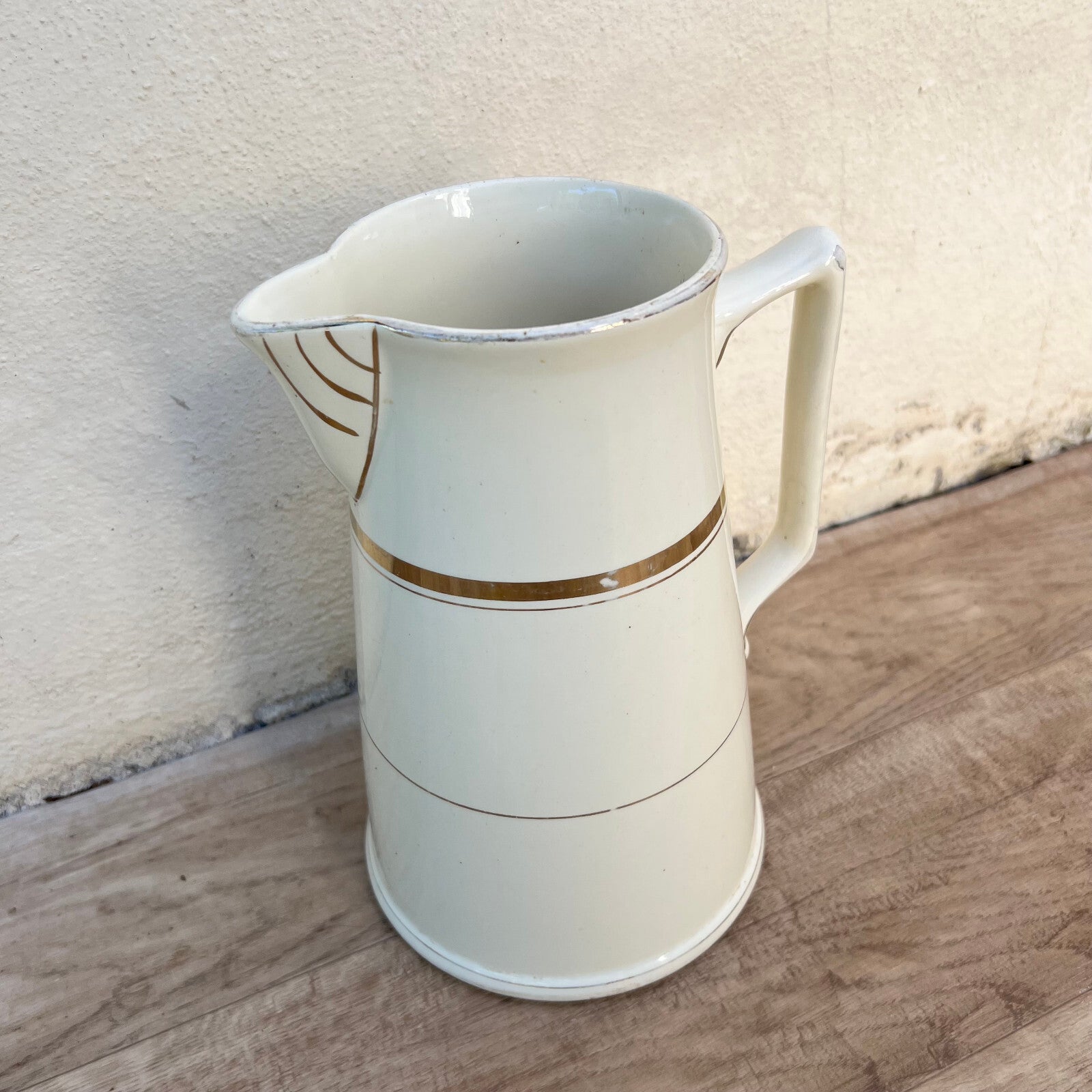 French Enamel Pitcher White Gold St Amand Hamage Water Jug 06102411 Fleamarketfrance