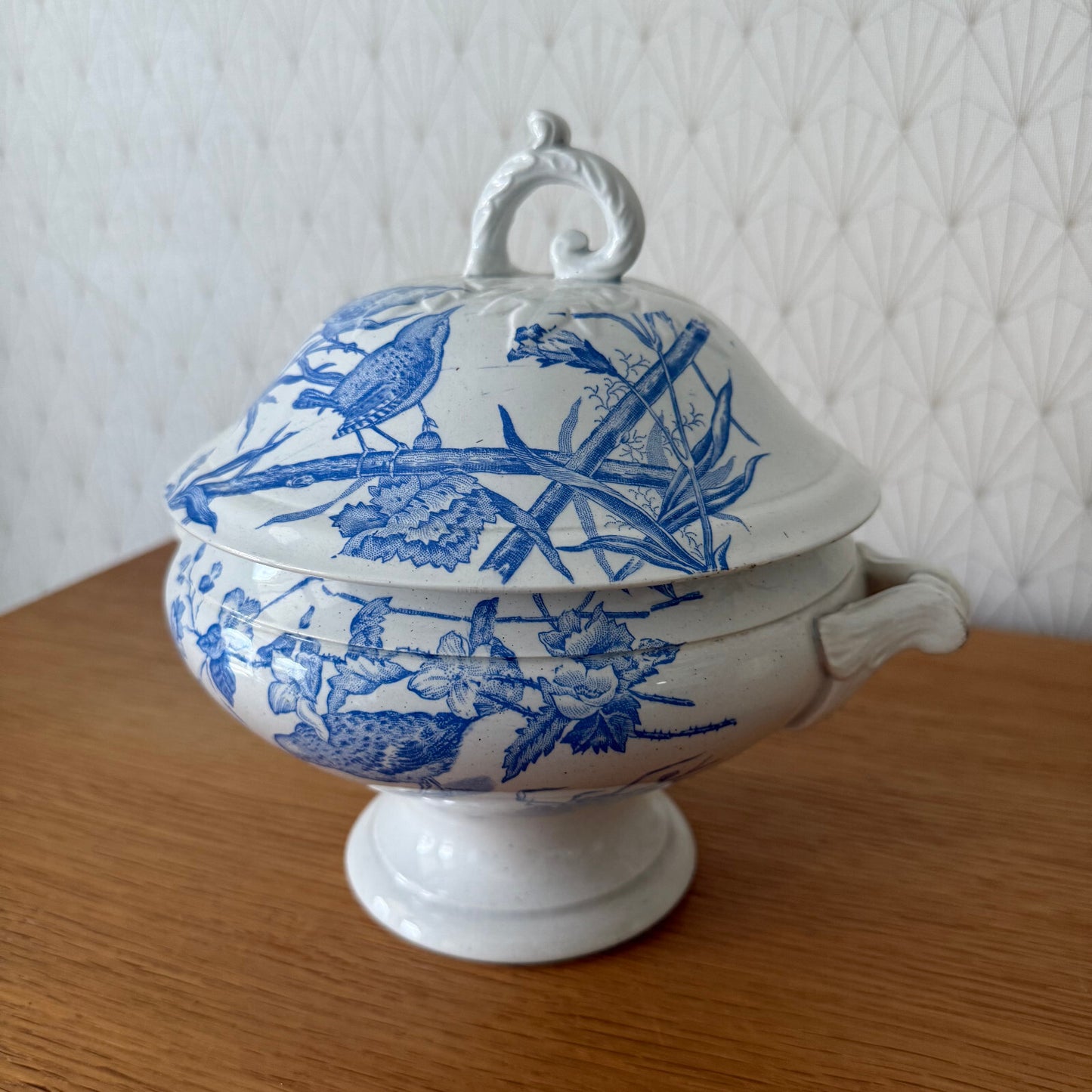 French Blue White Transferware Tureen St Amand Birds Flowers Vintage 1804251 Fleamarketfrance
