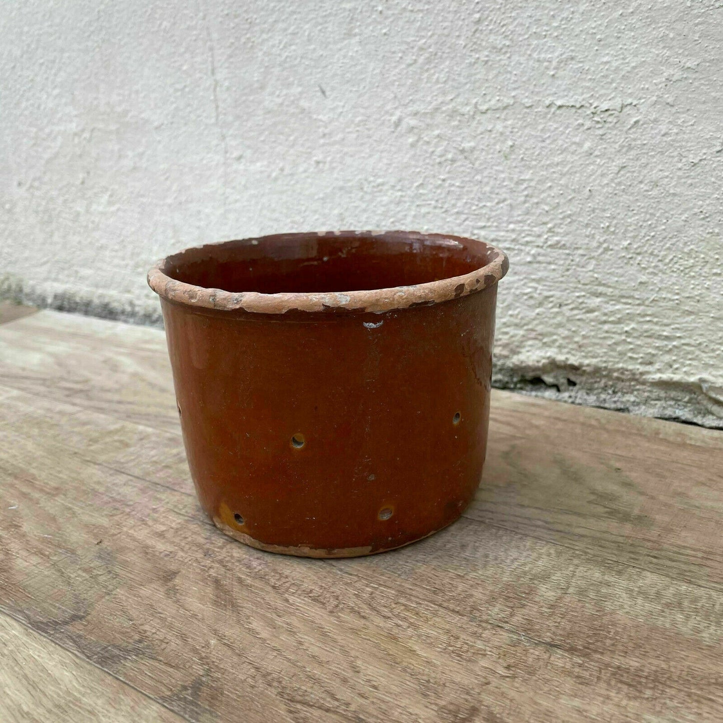 Vintage Antique glazed French Tan terracotta Cheese Faisselle Strainer 05112115 - Fleamarketfrance